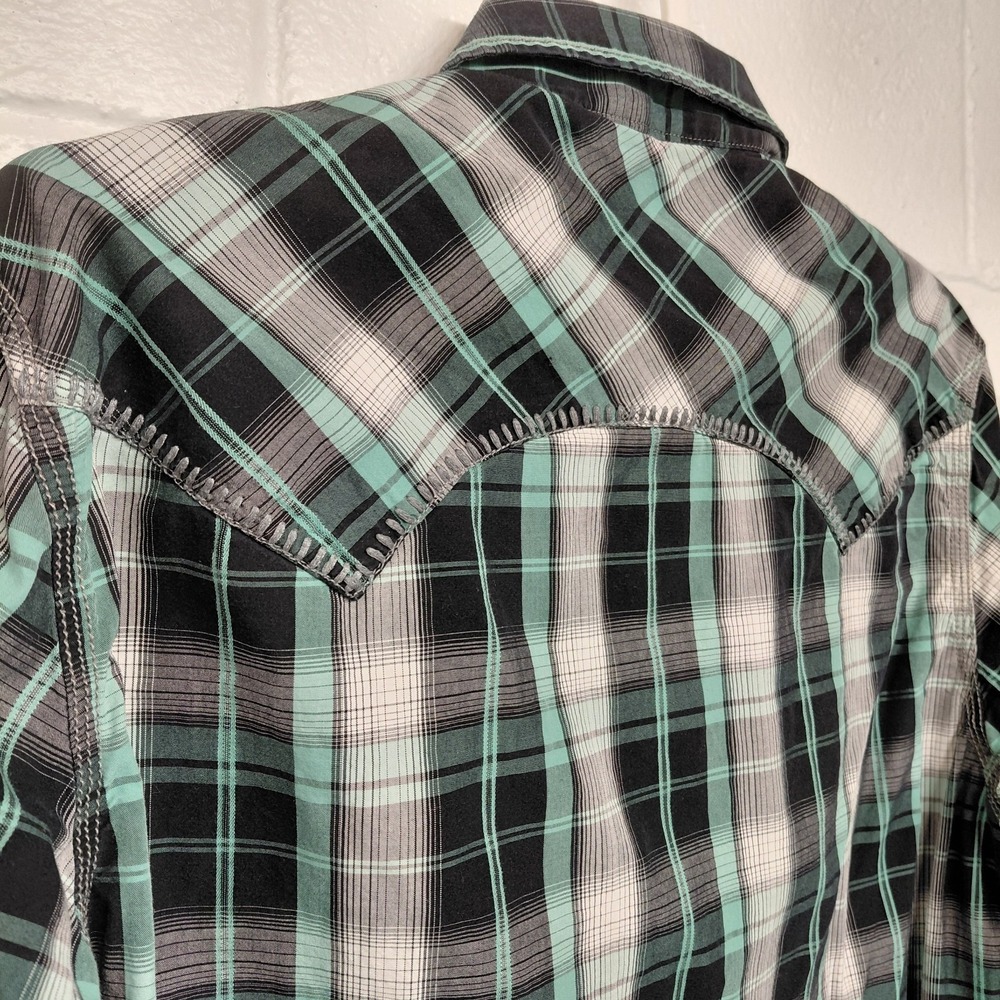 Rock & Roll Cowboy Shirt Men L Green Plaid Pearl Snap Thick Stitch Western Rodeo - Picture 9 of 16